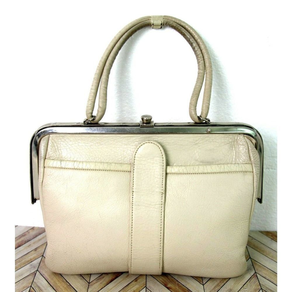 VINTAGE SABER GRAY BEIGE GENUINE LEATHER KELLY POCKETBOOK FRAMED HANDBAG PURSE